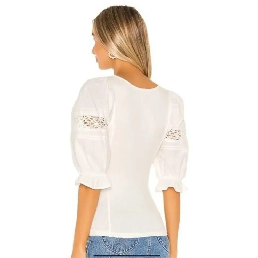 Free People Something Special Tee Size S Ivory Stretch Floral Lace Puff Sleeve